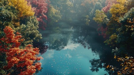 Naklejka na ściany i meble Enchanting Autumn Forest Scene with Serene Lake Reflection