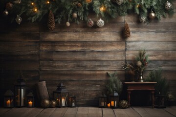 Warm Rustic christmas background. Top space dark. Generate Ai