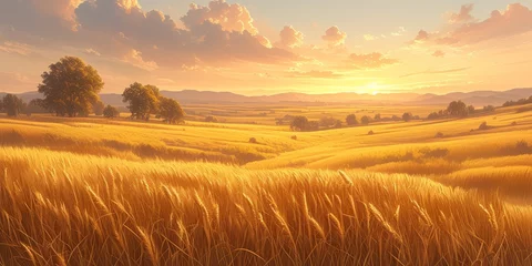 Gardinen A golden wheat field under the setting sun, with distant hills in the background.  © Photo And Art Panda