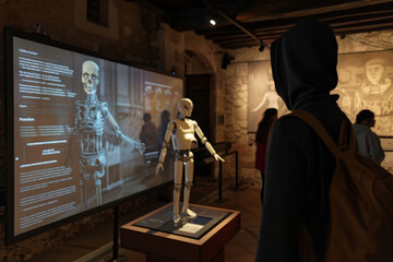 Fototapeta na wymiar Charming 3D robot as a tour guide, narrating historical facts with animated gestures and a captivating digital display