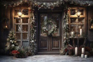 Vintage Rustic christmas entrance background. Home decor. Generate Ai