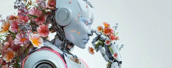 Charming 3D robot as a florist, arranging bouquets with delicate touch, its body adorned with floral patterns - obrazy, fototapety, plakaty