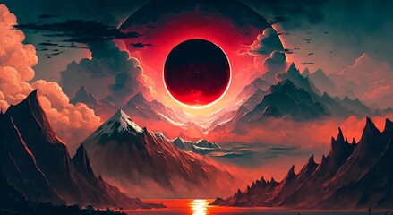 Mystical Lunar eclipse above the mountain, Red blood moon and landscape V2. - obrazy, fototapety, plakaty