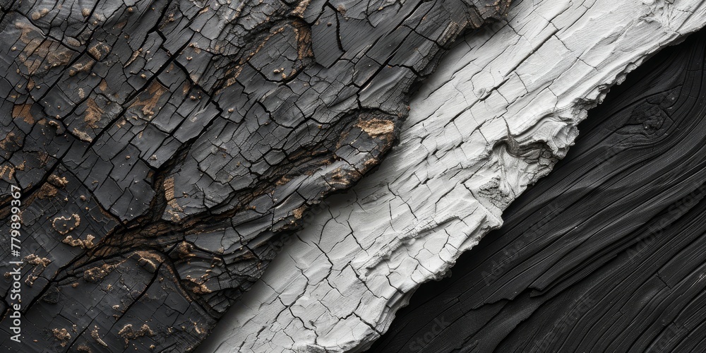 Sticker Bark texture close-up perspective, presented in a classic white and black color scheme.