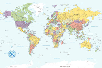Fototapeta na wymiar World Map - Highly Detailed Colored Vector Map of the World. Ideally for the Print Posters.