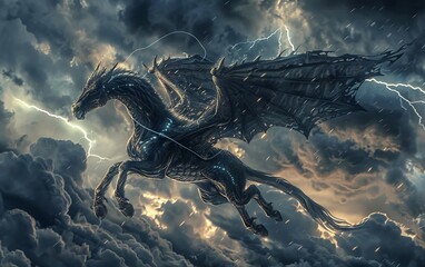 Dark Dragon Horse soaring through a stormy sky, lightning illuminating its majestic wings and scales, embodying power and freedom