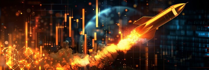 Golden rocket with bitcoin symbol launch set against a glowing stock market trend graph, depicting economic uplift and futuristic success, sharp and dynamic