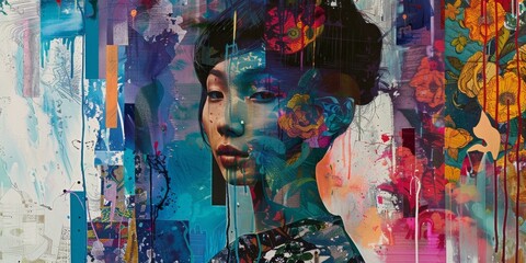 Half-revealed gaze against a vibrant collage backdrop, hinting at hidden depths and stories - obrazy, fototapety, plakaty