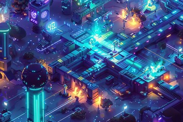 Isometric interstellar port with aliens, starships, and glowing astral plants - obrazy, fototapety, plakaty