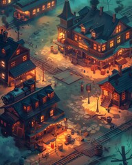 Isometric ghost town with spectral figures, abandoned saloons, and a mystery train