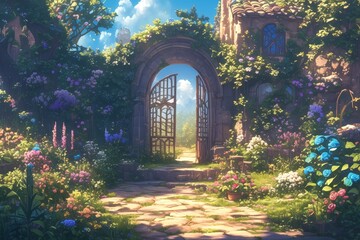A hidden garden with an archway leading to the heart of fantasy, surrounded by blooming flowers and lush greenery. 