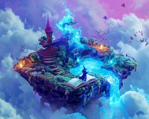 Isometric wizard school on a floating island with magic duels and flying books - obrazy, fototapety, plakaty