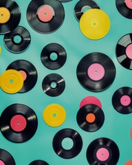 Retro vinyl records and players scattered on a turquoise backdrop for a nostalgic vibe