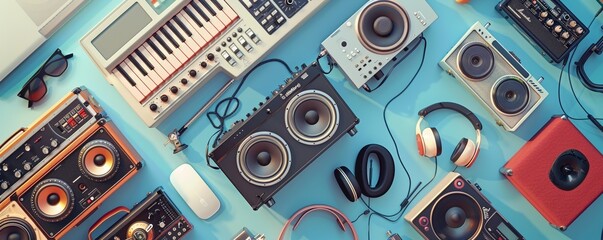 Overhead array of diverse old-school music gadgets on a pastel surface, clear details