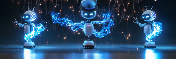 Playful 3D robot as a magician, performing tricks and illusions, its body lighting up in sequence with each act