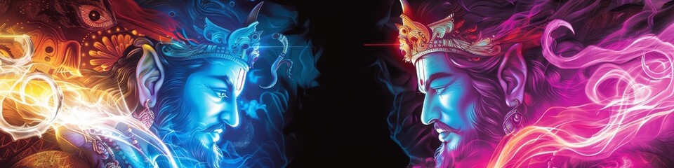 The fierce battle between Rama and Ravana, rendered in dynamic neon strokes, highlighting the epic clash of good vs evil