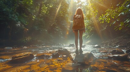 A woman standing on rocks in river, surrounded by mountains forest. Idea of adventure and wanderlust