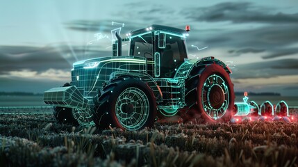 Agricultural tech design, holographic tractor, precision farming