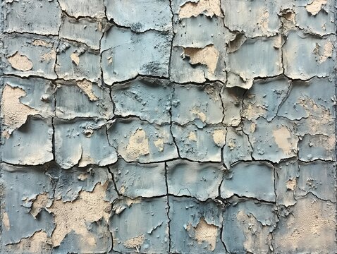A wall with a lot of cracks and peeling paint. The wall is blue and white