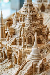 Closeup of intricate sand pagoda at a temple during Songkran, symbolizing temporary nature of life - obrazy, fototapety, plakaty