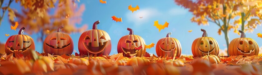 Cute 3D jack o lanterns in various expressions, festive array, room for pumpkin patch adverts