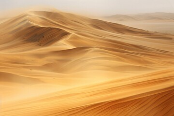 Fototapeta na wymiar A blurred view of a vast desert landscape with rolling sand dunes and sparse vegetation under a hazy sky