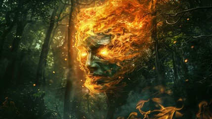 Enraged elemental spirit, face merged with fire in a dark, mystical forest setting