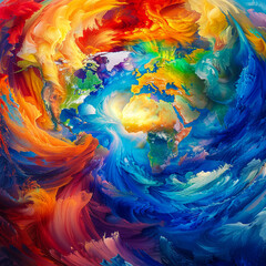 A burst of colors emanating from a globe, with artistic swirls representing the dynamic flow of talents across an ever-closer world.