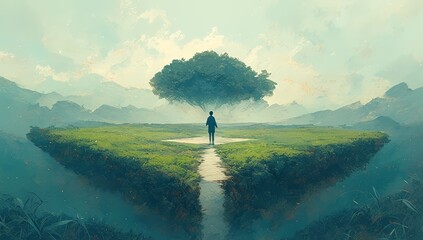 A man stands at the crossroads, facing two diverging paths with different tree shapes on each side of him. He is contemplating which path to choose and symbolizes his choice between various options
