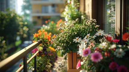 Fototapeta na wymiar Serene Balcony Garden with Vibrant Flowers at Sunset