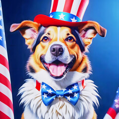 Portrait of  smiling dog with hat during the 4th of July party, independence day, in the United States.