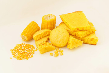 Corn tortillas and ingredients on white background