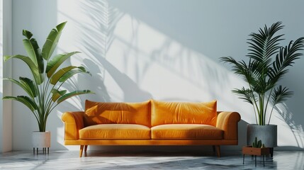 A large orange couch sits in front of a white wall with a large plant in the corner. The room has a bright and inviting atmosphere, with the sunlight streaming in through the window