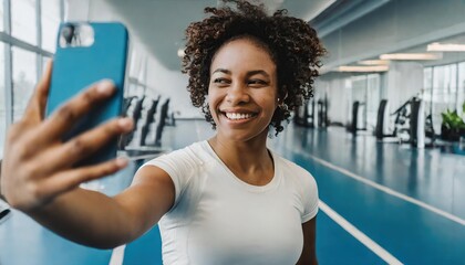 Joyful woman taking a selfie in a gym, radiating confidence and positivity after a workout session 
