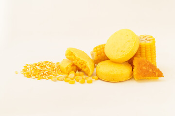 Corn tortillas and ingredients on white background