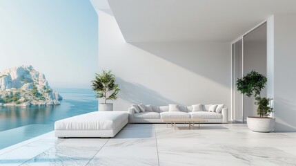 A white living room with a view of the ocean. The room is decorated with white furniture and plants