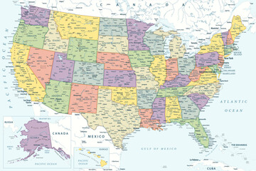 United States - Highly Detailed Colored Vector Map of the USA. Ideally for the Print Posters. - obrazy, fototapety, plakaty