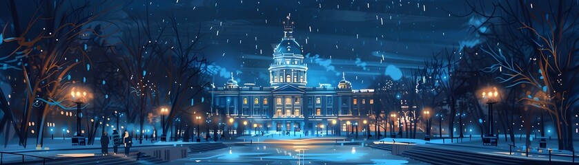 Festively Lit City Hall at Night in Snowy Winter Landscape Community at the civic heart