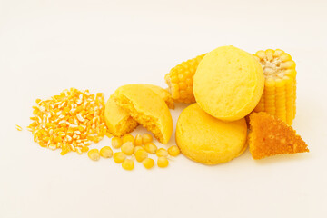 Corn tortillas and ingredients on white background