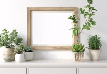 a white rectangular frame with plants in pots on a white shelf