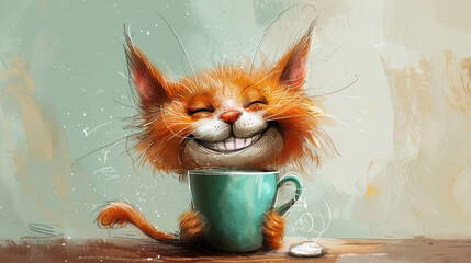 A joyful orange cat with a wide smile, sitting in a large teal coffee mug.
