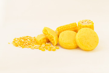 Corn tortillas and ingredients on white background