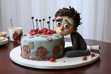 Dense Sad boy cake. Lonely upset boy celebrating birthday. Generate ai