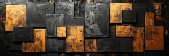 abstract wall art of geometric squares in black and gold texture background