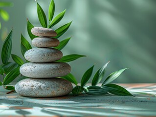 Photo of A stack of stones and bamboo leaves on wooden table against light green background with...