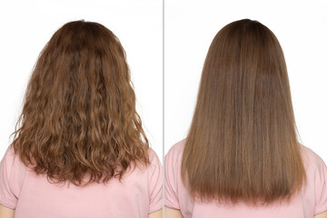 Woman before and after washing her hair with moisturizing shampoo on a white background. Flawless...