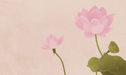 Vector Chinese style pink lotus horizontal illustration
