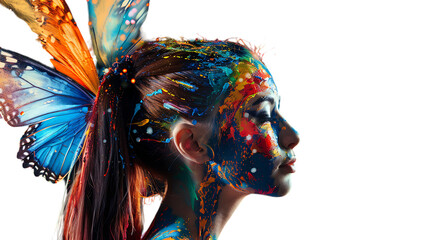 Fototapeta na wymiar A beautiful woman with butterfly wings and colorful paint splashes on her face and body in the style of abstract painting against a white background