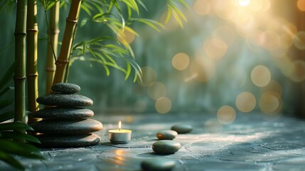 Obraz na płótnie Canvas Photo of modern style, closeup view, Zen stones and bamboo on the table with light green background, candlelight in corner, spa concept, copy space for text