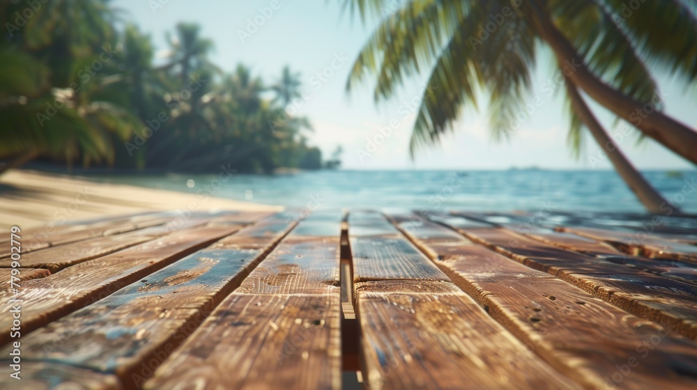 Wall mural A wooden table with a view of the ocean and palm trees, AI